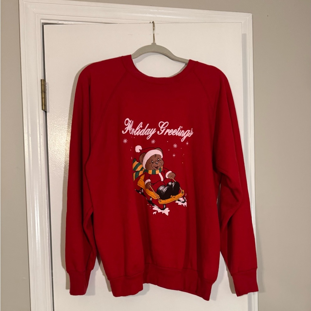 Red Holiday Greetings Sweatshirt authentic vintage 1990s Christmas bear holiday